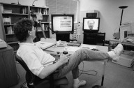 Bill Joy, Sun's co-founder and chief scientist, participating in a video conference call., Bill Joy, Sun's co-founder and chief scientist, participating in a video conference call.