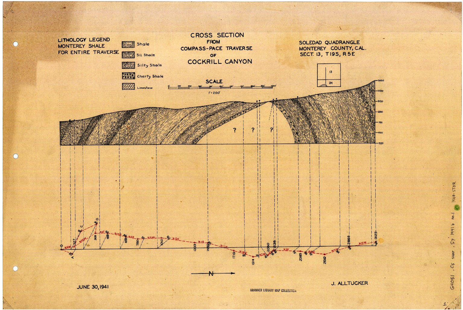 Cross section from compass-pace traverse of Cockrill Canyon, Soledad quadrangle, Monterey County, Cal. ...