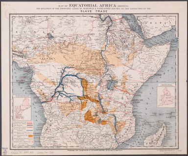 Map of Equatorial Africa showing the relation of the proposed links of railway & navigation routes to the extinction of the slave trade., Map of Equatorial Africa showing the relation of the proposed links of railway & navigation routes to the extinction of the slave trade.